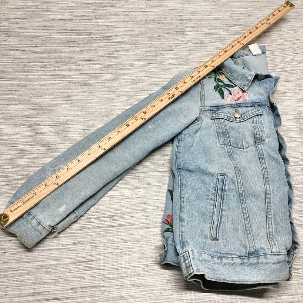H& M La Belle Vie Jean denim Jacket distressed embroidered flower bees size 8 - Picture 5 of 12